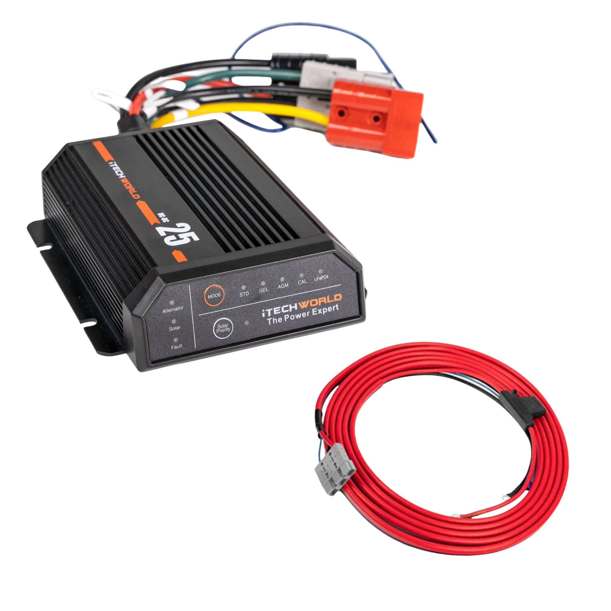The iTechworld 25A DCDC + MPPT Battery Charger Bundle with Wiring Kit, shown with colored wires and a coiled red cable, is ideal for off-grid battery charging and displayed on a white background.