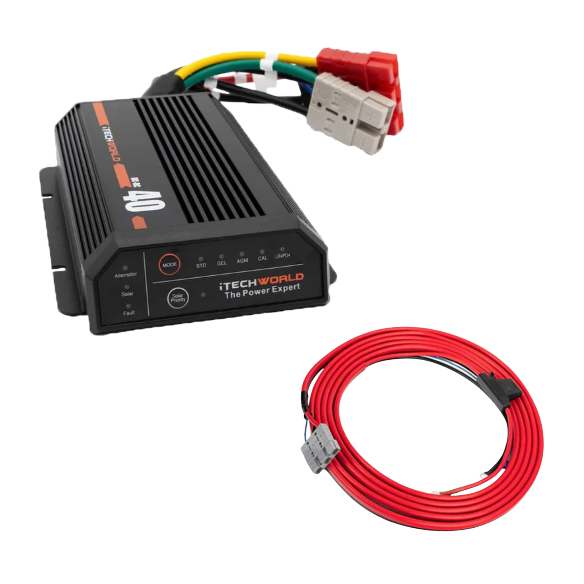 The iTechworld 40A DCDC + MPPT Battery Charger Bundle, shown with a wiring kit featuring multi-colored cables and connectors plus a coiled red power cable, is perfect for efficient off-grid battery charging—displayed on a white background.