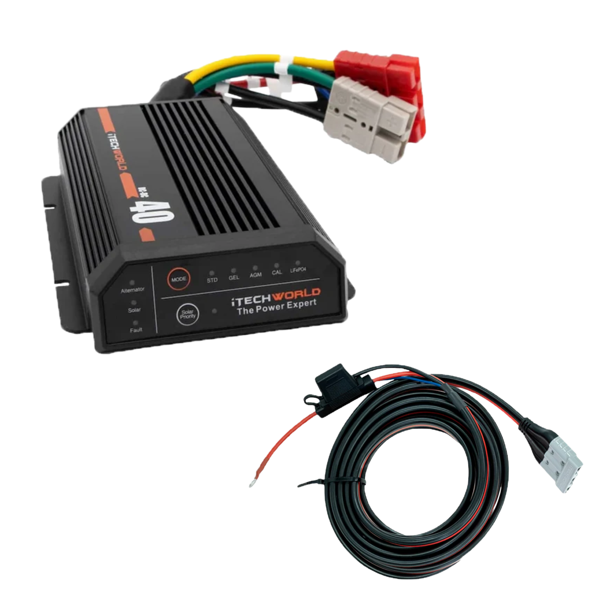 The iTechworld 40A DCDC + MPPT Battery Charger Bundle with Wiring Kit is pictured, featuring the charger and wiring kit isolated on a white background—ideal for off-grid battery charging.