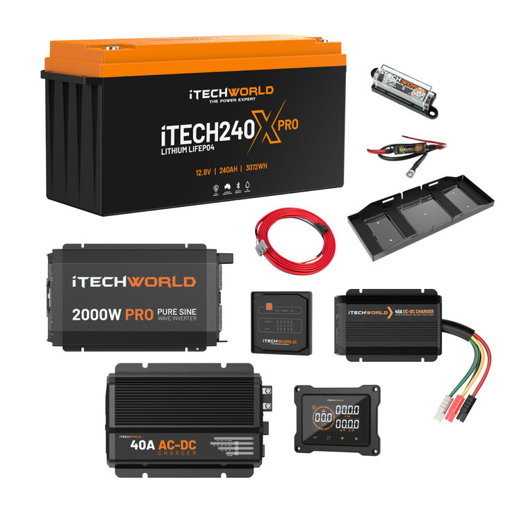 The iTechworld Complete 4WD Dual Battery Kit features a 240Ah lithium battery, inverter, display, charger, fuse, wiring, and brackets—ideal for reliable off-grid power in your 4WD.