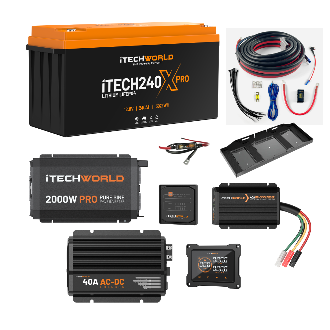 The iTechworld Complete 4WD Dual Battery Kit features a 240Ah lithium battery, inverter, display, charger, fuse, wiring, and brackets—ideal for reliable off-grid power in your 4WD.