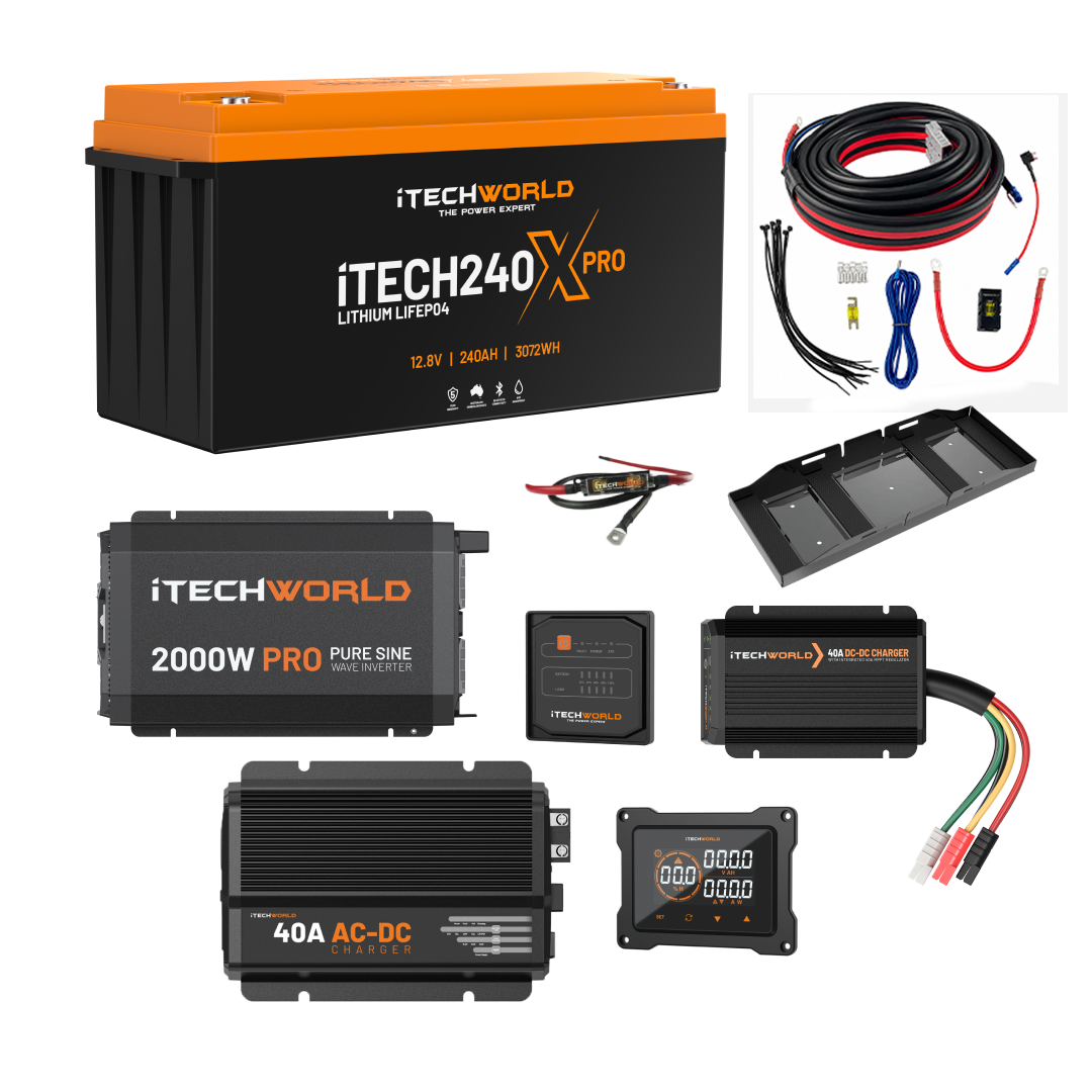The iTechworld Complete 4WD Dual Battery Kit features a 240Ah lithium battery, inverter, display, charger, fuse, wiring, and brackets—ideal for reliable off-grid power in your 4WD.