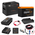 An iTechworld | Complete Portable Dual Battery Kit | 120Ah Lithium, including a LiFePO4 battery, a pure sine wave inverter, a mounting tray, a power charger, and various electrical cables and connectors.