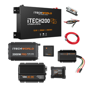 The iTechworld Complete Super Slimline 4WD Dual Battery Kit features a 200Ah LiFePO₄ battery, pure sine wave inverters, digital display, fuse, wiring, control panel, and remote monitor—ideal for 4WD setups.