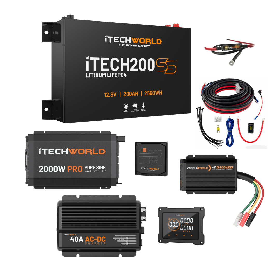 The iTechworld Complete Super Slimline 4WD Dual Battery Kit features a 200Ah LiFePO₄ battery, pure sine wave inverters, digital display, fuse, wiring, control panel, and remote monitor—ideal for 4WD setups.