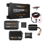 The iTechworld Complete Super Slimline 4WD Dual Battery Kit features a 200Ah LiFePO₄ battery, pure sine wave inverters, digital display, fuse, wiring, control panel, and remote monitor—ideal for 4WD setups.