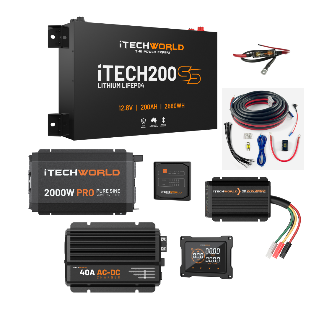 The iTechworld Complete Super Slimline 4WD Dual Battery Kit features a 200Ah LiFePO₄ battery, pure sine wave inverters, digital display, fuse, wiring, control panel, and remote monitor—ideal for 4WD setups.