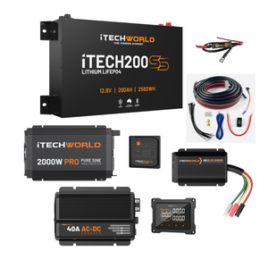 The iTechworld Complete Super Slimline 4WD Dual Battery Kit features a 200Ah LiFePO₄ battery, pure sine wave inverters, digital display, fuse, wiring, control panel, and remote monitor—ideal for 4WD setups.