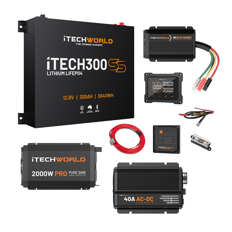 The iTechworld Complete Super Slimline Canopy Dual Battery Kit (300Ah Lithium) includes inverter, charger, meter display, cables, fuse, wiring, and connectors—perfect for an off-grid power setup and shown on a white background.
