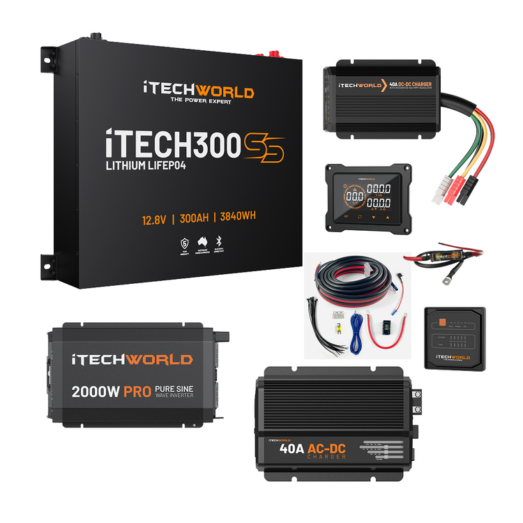 The iTechworld Complete Super Slimline Canopy Dual Battery Kit (300Ah Lithium) includes inverter, charger, meter display, cables, fuse, wiring, and connectors—perfect for an off-grid power setup and shown on a white background.