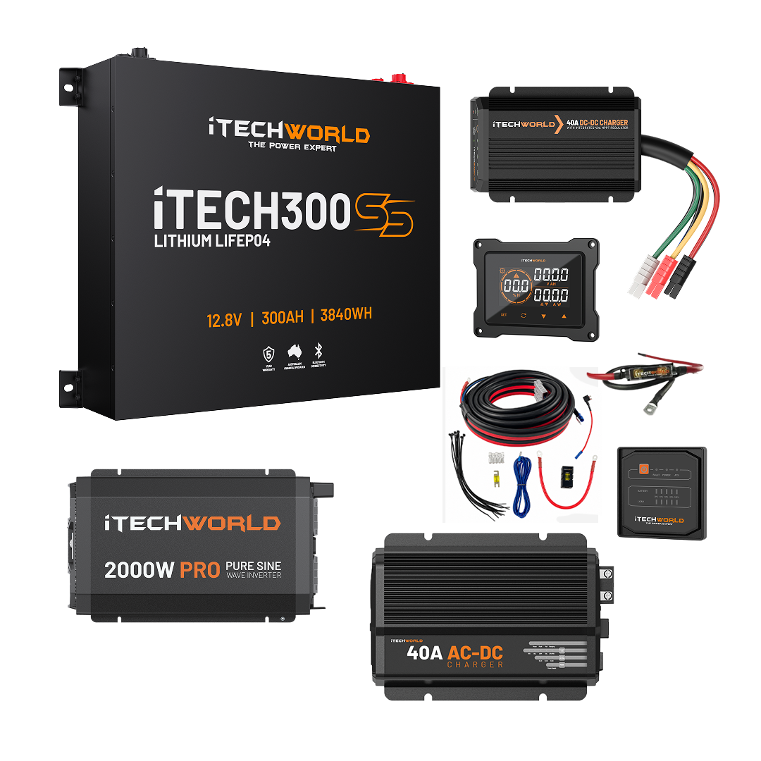 The iTechworld Complete Super Slimline Canopy Dual Battery Kit (300Ah Lithium) includes inverter, charger, meter display, cables, fuse, wiring, and connectors—perfect for an off-grid power setup and shown on a white background.