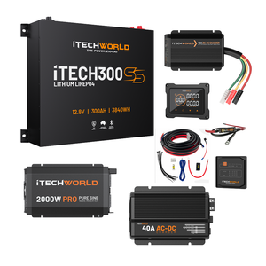 The iTechworld Complete Super Slimline Canopy Dual Battery Kit (300Ah Lithium) includes inverter, charger, meter display, cables, fuse, wiring, and connectors—perfect for an off-grid power setup and shown on a white background.