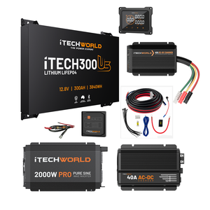 The iTechworld Complete Ultra Slimline Canopy Dual Battery Kit (300Ah Lithium) by iTechworld is shown with inverter, AC-DC charger, wiring, fuse, and display panels arranged on a white background.