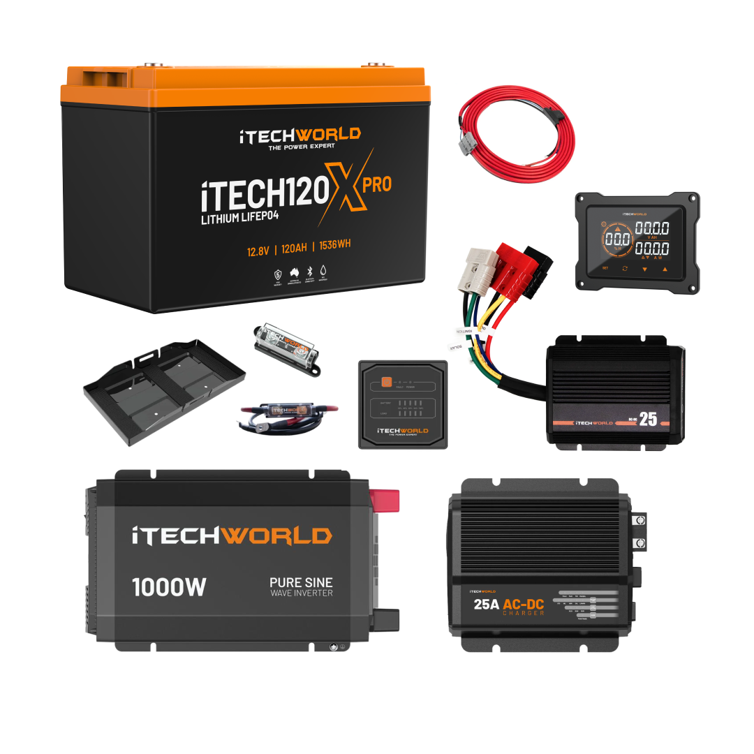 The iTechworld Complete Ute Dual Battery Kit (120Ah Lithium) by iTechworld is shown with a pure sine wave inverter, monitoring display, chargers, wiring, and accessories arranged on a white background.