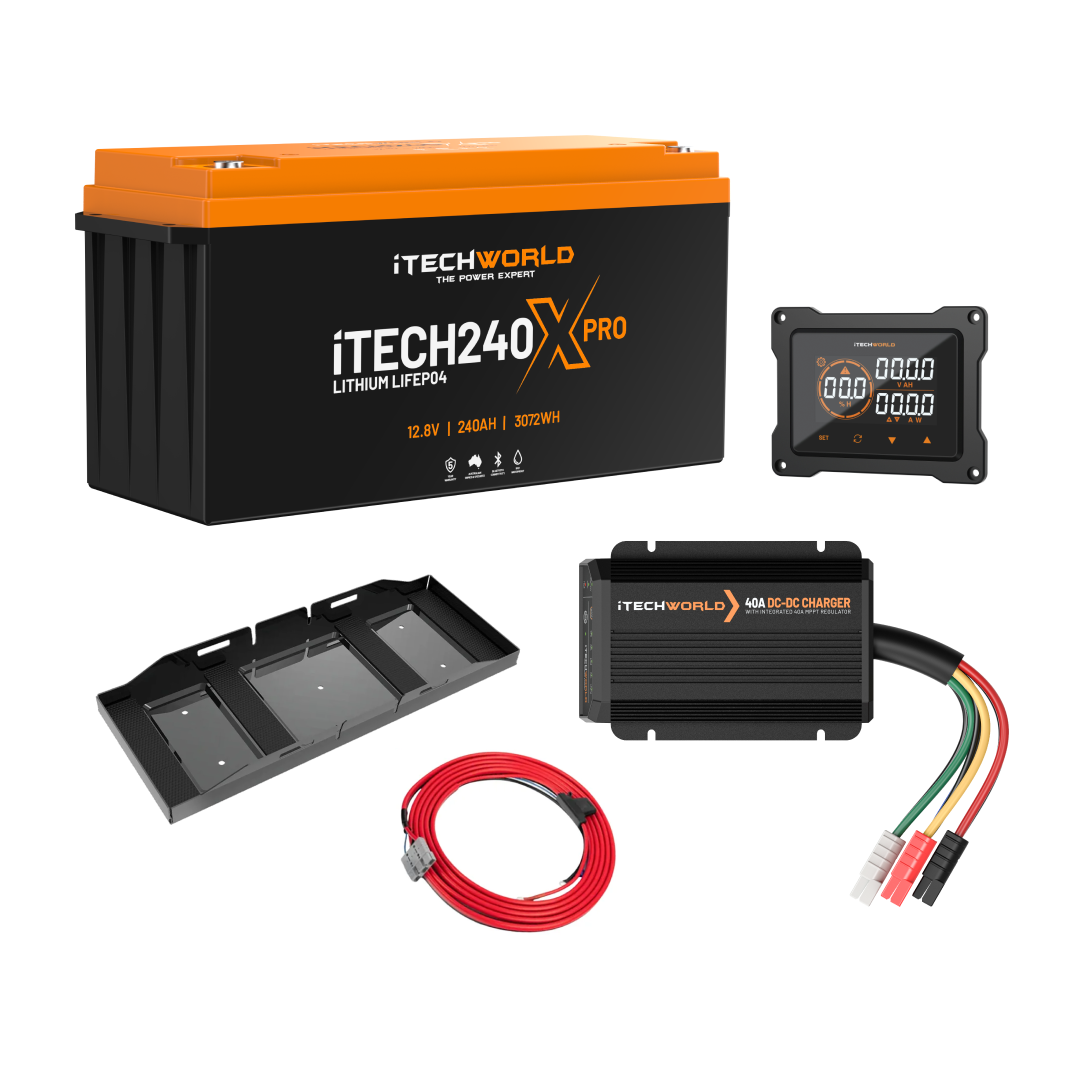 The iTechworld Premium 4WD Dual Battery Kit offers a 240Ah LiFePO₄ battery in orange/black casing, battery monitor display, charger, mounting brackets, power cables, and connectors—all branded by iTechworld—ideal for off-grid setups.