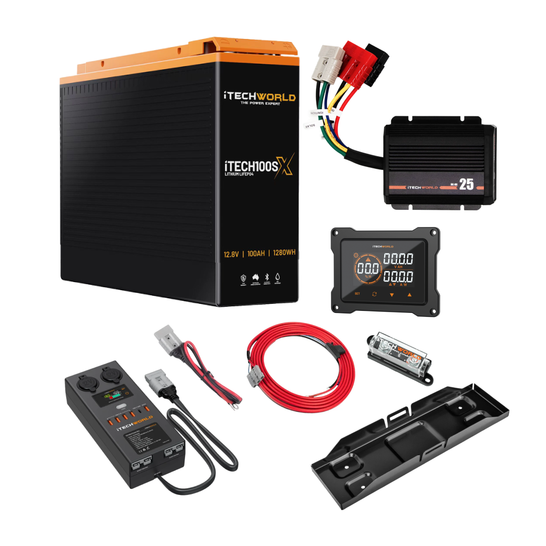 The iTechworld Premium Slimline 4WD Dual Battery Kit features a 100Ah lithium battery, control panels, wiring harnesses, connectors, and mounting accessories—all arranged on a white background.