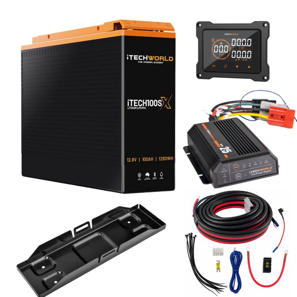 The iTechworld Slimline 4WD Dual Battery Kit 100Ah Lithium, featuring a lithium battery, digital monitor, DCDC MPPT charger, mounting tray, and various wiring cables.