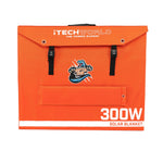 The orange iTechworld Elite Solar Generator Kit case, with black buckles, top handle, blue lightning logo, and white text reading “300W Solar Blanket” and “iTechworld,” is perfect for your PS2000 Power Station and lithium power needs.