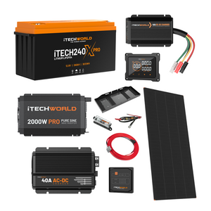 The iTechworld Ultimate 4WD Dual Battery Kit (240Ah Lithium) includes a LiFePO₄ battery, pure sine wave inverter, solar panel, charger, display screens, cables, and connectors—all displayed on a white background.