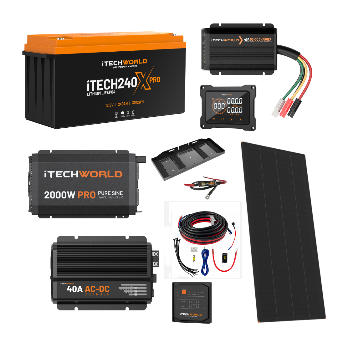 The iTechworld Ultimate 4WD Dual Battery Kit (240Ah Lithium) includes a LiFePO₄ battery, pure sine wave inverter, solar panel, charger, display screens, cables, and connectors—all displayed on a white background.