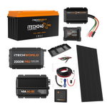 The iTechworld Ultimate 4WD Dual Battery Kit (240Ah Lithium) includes a LiFePO₄ battery, pure sine wave inverter, solar panel, charger, display screens, cables, and connectors—all displayed on a white background.