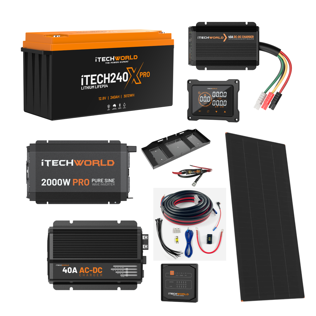 The iTechworld Ultimate 4WD Dual Battery Kit (240Ah Lithium) includes a LiFePO₄ battery, pure sine wave inverter, solar panel, charger, display screens, cables, and connectors—all displayed on a white background.