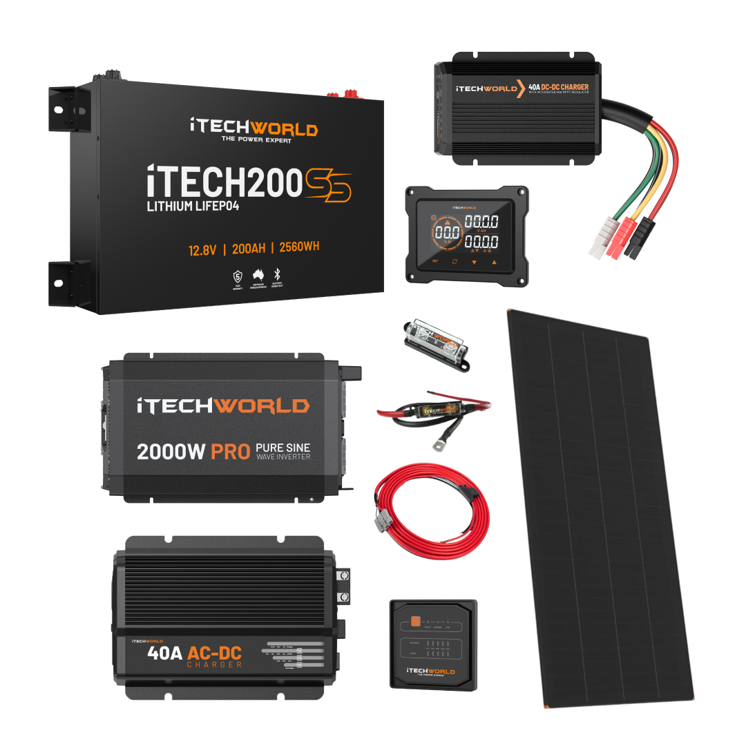 The iTechworld Ultimate Super Slimline 4WD Dual Battery Kit (200Ah Lithium) with solar panel, charger, cables, and power system modules is displayed on a white background.