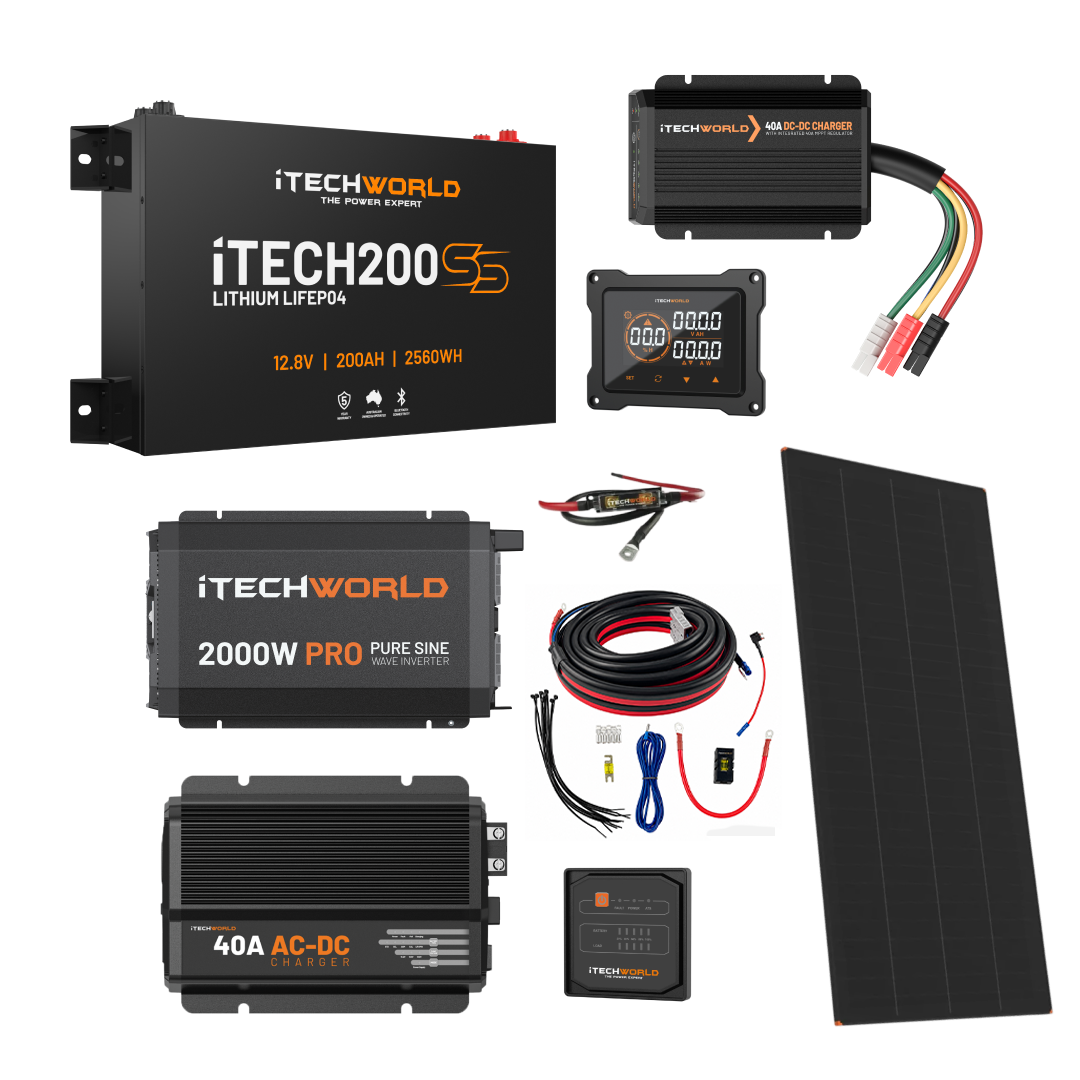 The iTechworld Ultimate Super Slimline 4WD Dual Battery Kit (200Ah Lithium) with solar panel, charger, cables, and power system modules is displayed on a white background.