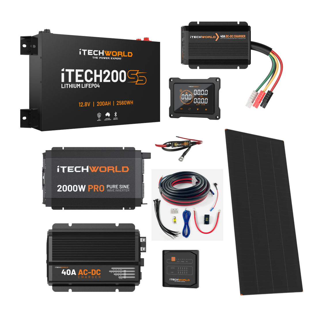 The iTechworld Ultimate Super Slimline 4WD Dual Battery Kit (200Ah Lithium) with solar panel, charger, cables, and power system modules is displayed on a white background.