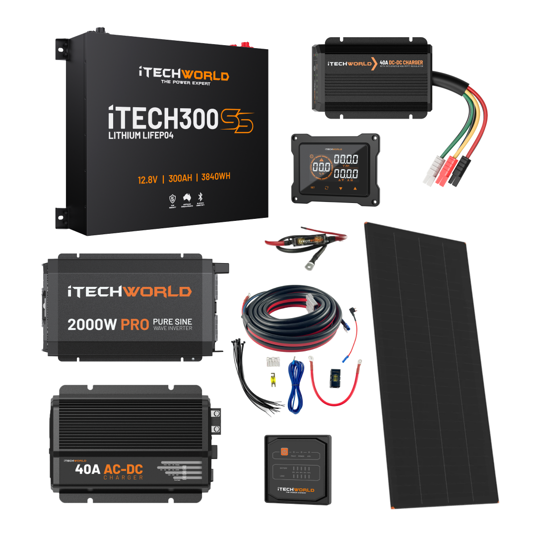 The iTechworld Ultimate Super Slimline Canopy Dual Battery Kit offers a 300Ah lithium system with pure sine wave inverter, solar panel, cables, fuse, monitor display, and connectors—ideal for efficient canopy power solutions.