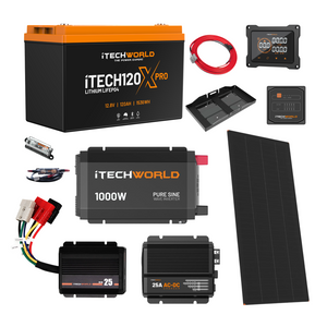 The iTechworld Ultimate Ute Dual Battery Kit features a 120Ah LiFePO₄ battery, solar panel, pure sine wave inverter, controller, monitor, cables, fuse, charger, and mounting brackets—everything needed for off-grid power.