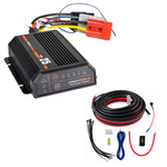 The iTechworld 25A DCDC + MPPT Battery Charger Bundle, featuring colored cables and connectors attached to the unit, comes complete with a separate wiring kit containing long red and black cables, zip ties, a fuse, and small connectors—making it perfect for off-grid battery charging. The entire iTechworld set is displayed on a white background.