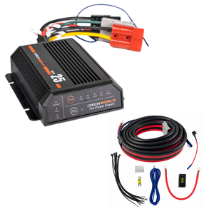 The iTechworld 25A DCDC + MPPT Battery Charger Bundle, featuring colored cables and connectors attached to the unit, comes complete with a separate wiring kit containing long red and black cables, zip ties, a fuse, and small connectors—making it perfect for off-grid battery charging. The entire iTechworld set is displayed on a white background.