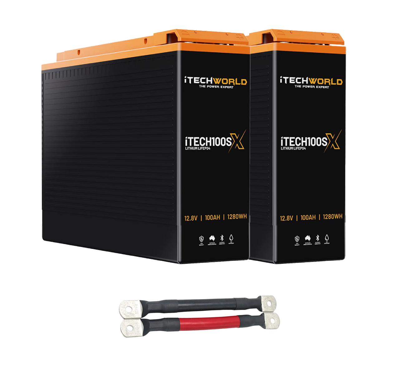 Two iTechworld 200Ah Lithium LiFePO4 Slim Battery Bundles (2×100Ah Deep Cycle) are shown side by side, with red and black parallel linking cables beneath them. Capacity and technical details are displayed on the battery fronts.