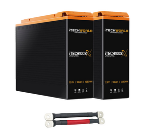 Two iTechworld 200Ah Lithium LiFePO4 Slim Battery Bundles (2×100Ah Deep Cycle) are shown side by side, with red and black parallel linking cables beneath them. Capacity and technical details are displayed on the battery fronts.