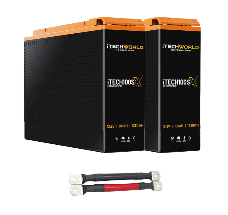 Two iTechworld 200Ah Lithium LiFePO4 Slim Battery Bundles (2×100Ah Deep Cycle) are shown side by side, with red and black parallel linking cables beneath them. Capacity and technical details are displayed on the battery fronts.