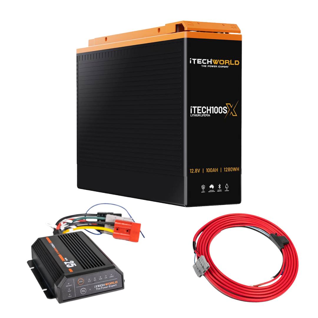 The iTechworld Base Slimline 4WD Dual Battery Kit with a 100Ah lithium battery, black DCDC charger power inverter, and red coiled cable with connectors is displayed on a white background.