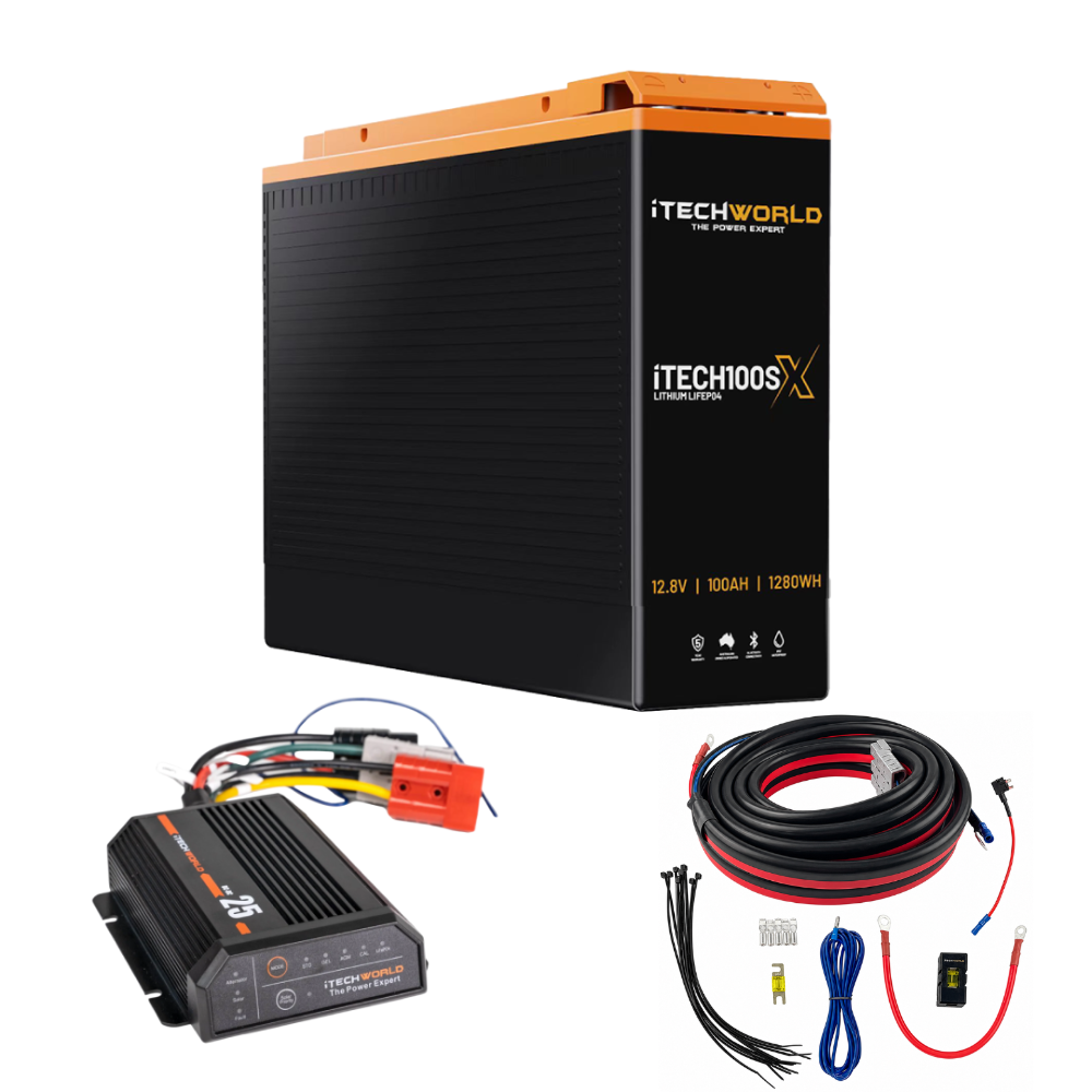 ITechworld Base Slimline 4WD Dual Battery Kit 100Ah Lithium, featuring a slim lithium battery, a DC-to-DC battery charger, a coil of electrical wiring, and various terminal connectors and zip ties.