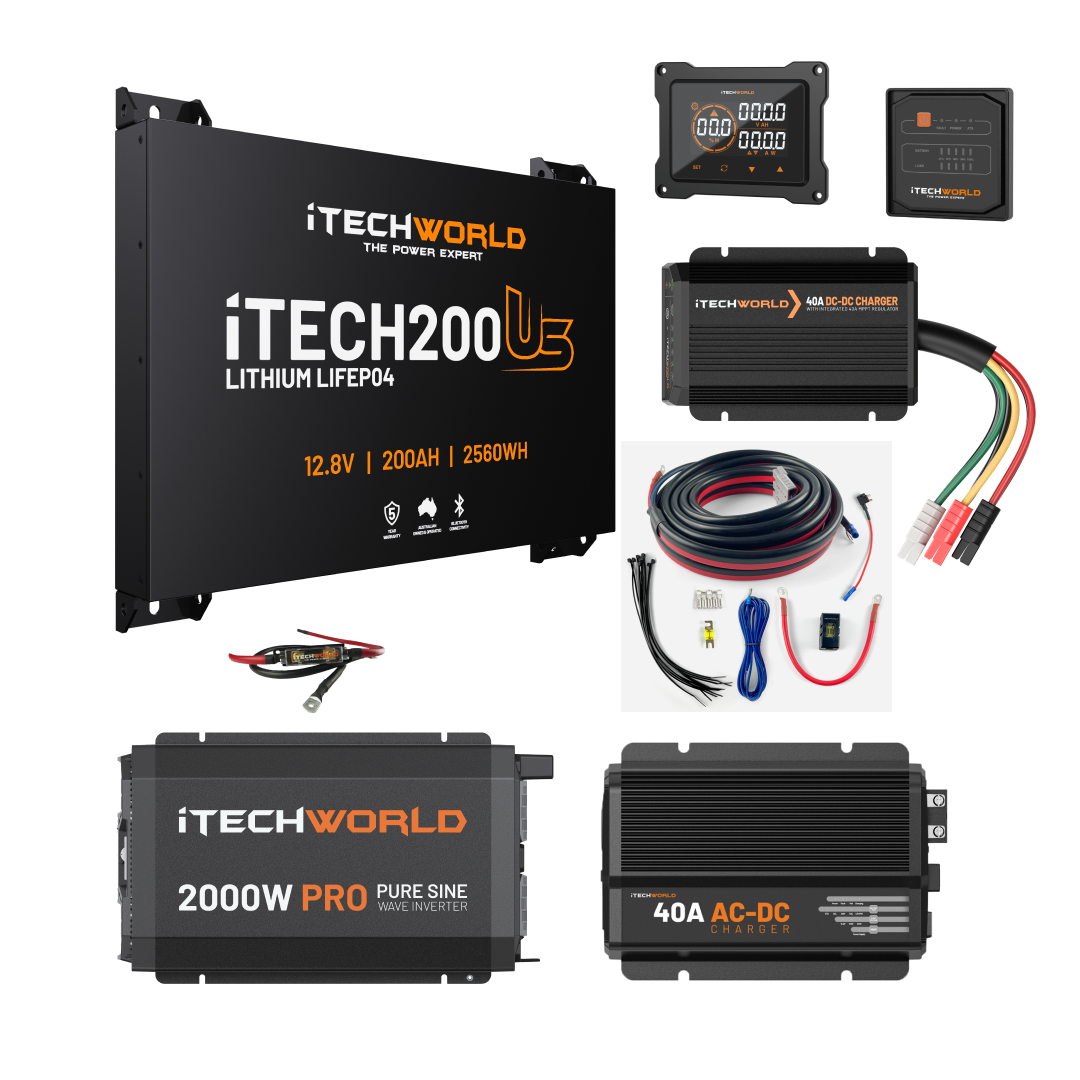 The iTechworld Complete Ultra Slimline Canopy Dual Battery Kit includes a 200Ah lithium battery, inverter, AC-DC charger, wiring, fuse, and display panels—perfect for reliable off-grid power—all displayed on a white background.