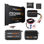 The iTechworld Complete Ultra Slimline Canopy Dual Battery Kit includes a 200Ah lithium battery, inverter, AC-DC charger, wiring, fuse, and display panels—perfect for reliable off-grid power—all displayed on a white background.