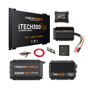 The iTechworld Complete Ultra Slimline Canopy Dual Battery Kit (300Ah Lithium) by iTechworld is shown with inverter, AC-DC charger, wiring, fuse, and display panels arranged on a white background.