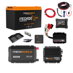 The iTechworld | Complete Ute Dual Battery Kit | 120Ah Lithium includes a large lithium battery, a 1000W pure sine wave inverter, a 25A battery charger, a digital monitor, wiring, cables, and mounting accessories.