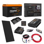 An iTechworld | Expansion Ute Dual Battery Kit | 120Ah Lithium containing a lithium battery, power control hub, solar panel, inverter, battery charger, and various electrical cables and connectors for off-grid power.