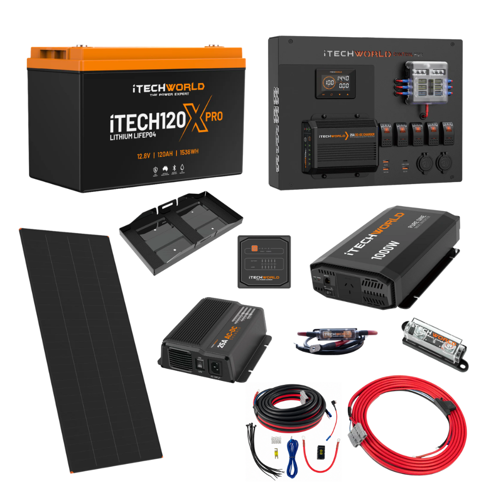 An iTechworld | Expansion Ute Dual Battery Kit | 120Ah Lithium containing a lithium battery, power control hub, solar panel, inverter, battery charger, and various electrical cables and connectors for off-grid power.