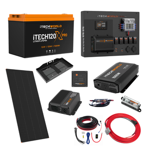 An iTechworld | Expansion Ute Dual Battery Kit | 120Ah Lithium containing a lithium battery, power control hub, solar panel, inverter, battery charger, and various electrical cables and connectors for off-grid power.