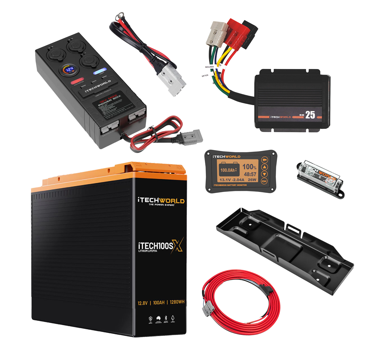 The iTechworld Premium Slimline 4WD Dual Battery Kit (100Ah Lithium) features electronic components like cables, control panels, connectors, fuse, display monitor, and mounting bracket—all arranged on a white background.