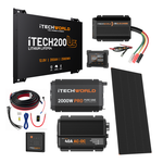 The iTechworld Ultimate Ultra Slimline Canopy Dual Battery Kit features a 200Ah lithium battery, inverter, charger, solar panel, cables, and display—all arranged on a white background.