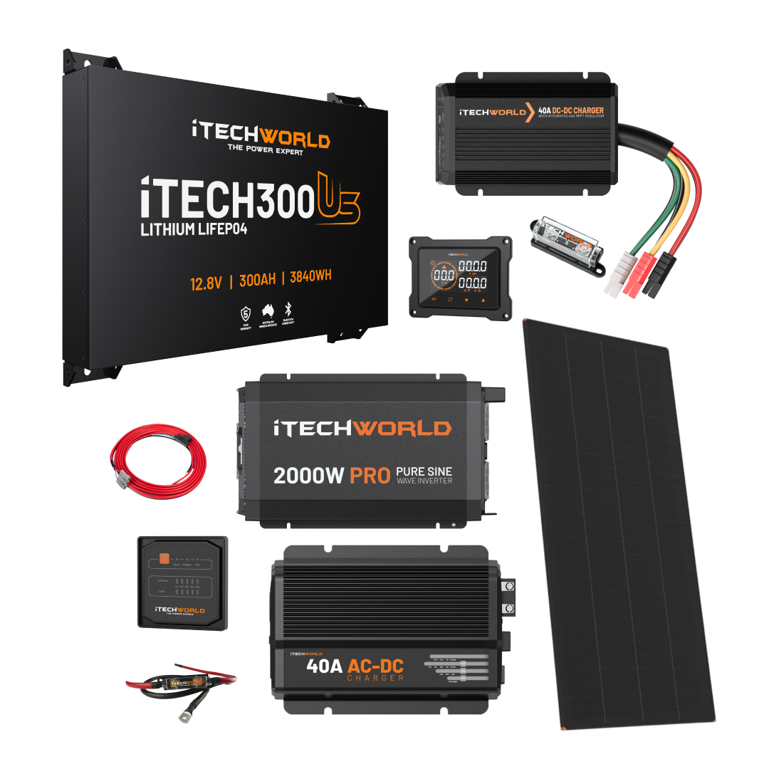 The iTechworld Ultimate Ultra Slimline Canopy Dual Battery Kit (300Ah Lithium) features a 2000W pure sine inverter, 40A AC-DC charger, solar panel, cables, display, and connectors—ideal for off-grid adventures.