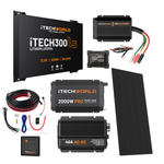 The iTechworld Ultimate Ultra Slimline Canopy Dual Battery Kit (300Ah Lithium) features a 2000W pure sine inverter, 40A AC-DC charger, solar panel, cables, display, and connectors—ideal for off-grid adventures.