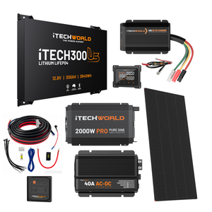 The iTechworld Ultimate Ultra Slimline Canopy Dual Battery Kit (300Ah Lithium) features a 2000W pure sine inverter, 40A AC-DC charger, solar panel, cables, display, and connectors—ideal for off-grid adventures.